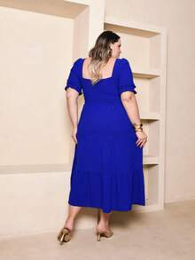 Helena Duna Plain Plus Size Midi Dress With Lace At The Waist Short Sleeves - Xanh đậm - Xem 3