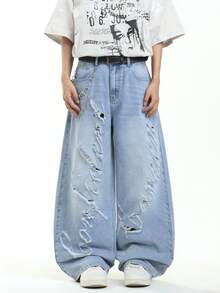 1 chiếc quần jeans ống rộng rách laser hiệu Hearty Haven dành cho nam, kiểu dáng thời trang, thoải mái, phù hợp cho mọi mùa (Không bao gồm thắt lưng hoặc phụ kiện) - Rửa nhẹ - Xem 3