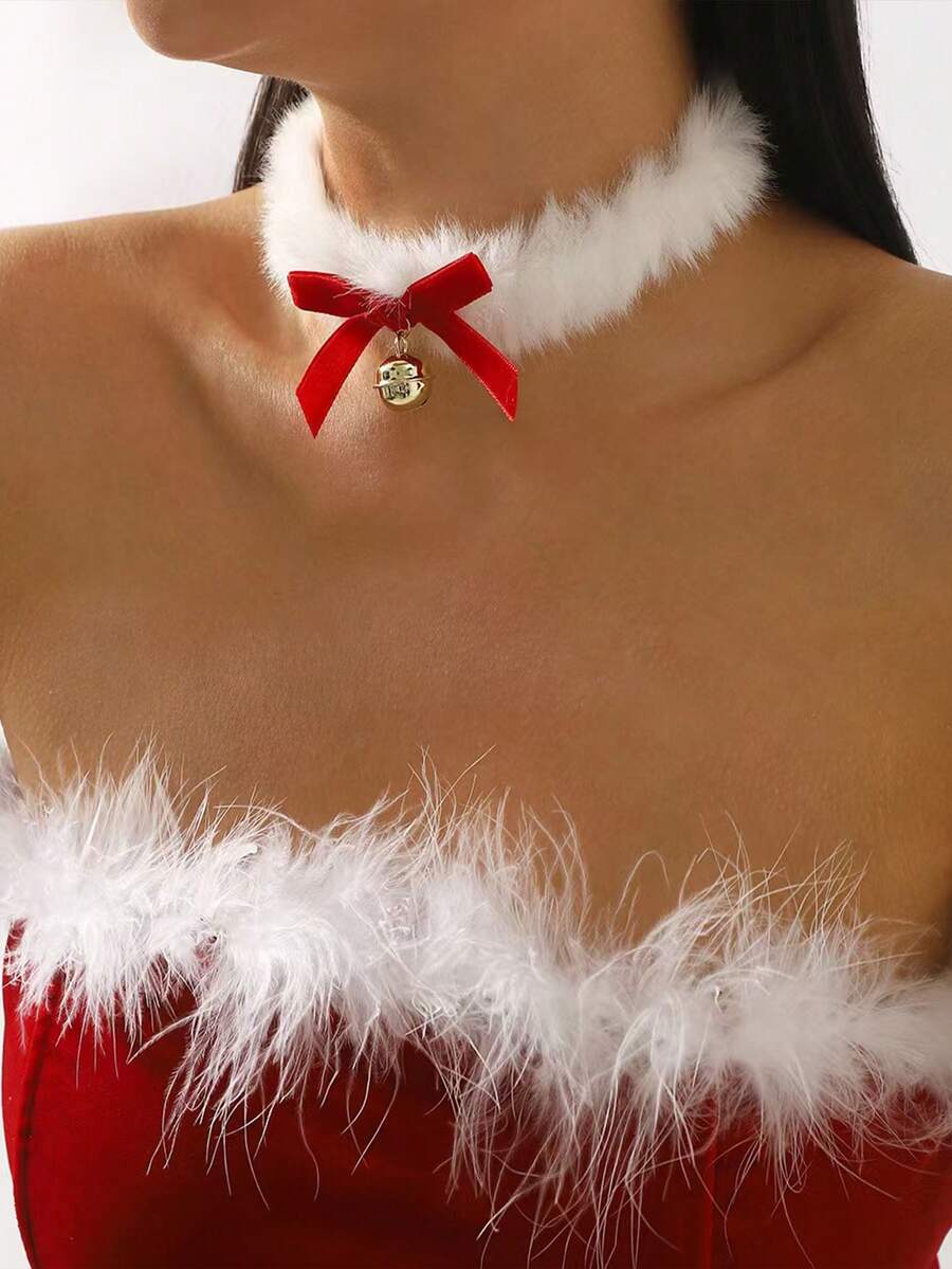 1 件优雅圣诞红色蝴蝶结毛绒颈链，适合女性在任何场合佩戴 - 白色 - 查看 1