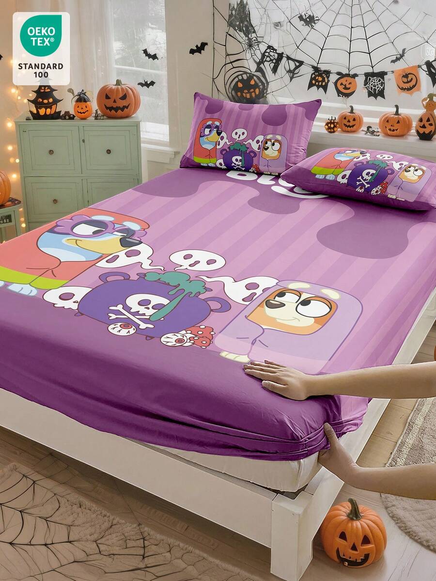 Bluey万圣节数码印花床单，Bluey床上用品，床垫保护套，床罩，床笠，秋季装饰，舒适家纺，透气防起球床垫保护套，柔软亲肤，奶奶女巫图案，卡通图案床罩，Bluey家居装饰，柔软舒适的卧室床上用品 - 彩色 - 查看 1