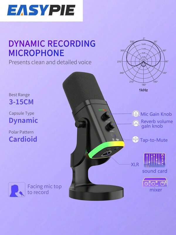 Easypie Selection Micrófono dinámico USB/XLR con control RGB/conector para auriculares/silenciar micrófono para PC, juegos, grabación y transmisión en vivo