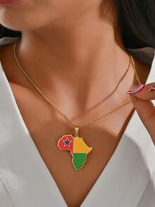 1件男女通用时尚个性化非洲国家地图国旗设计不锈钢吊坠项链，纪念日的完美之选 - 金黃色 - 查看 2