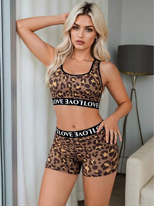 2pcs/Set Sexy Leopard Print Racerback Sports Vest High Waist Boxer Briefs Underwear Set With Letter-Printed Elastic Tape