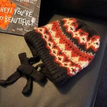 Fair Isle Style Knitted Hat For Women, Vintage Dual-Use Bag Hat, Warm Wool Hat With Ear Protection, Street Style - 條紋包包帽-卡其 - 查看 6