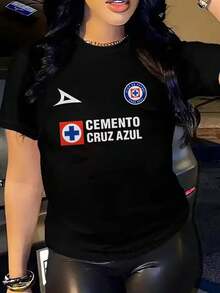 Camiseta de manga corta para mujer, cuello redondo, holgada, casual y versátil, nuevo estampado de CEMENTO CRUZ AZUL, ideal como capa base, tejido suave con buena caída - Negro - Ver 1