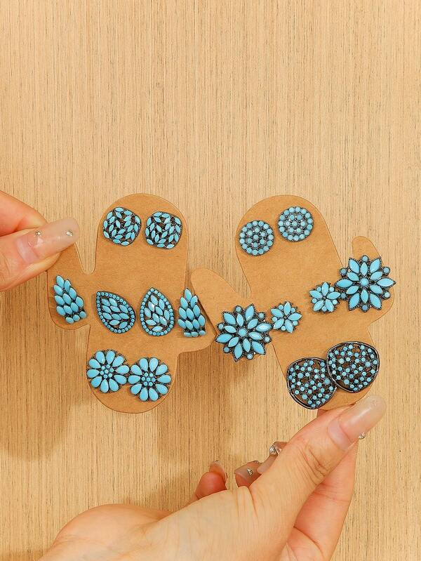 4 Pairs Vintage Style High-Quality Blue Rhinestone Earrings, Fashionable Earring Set For Women