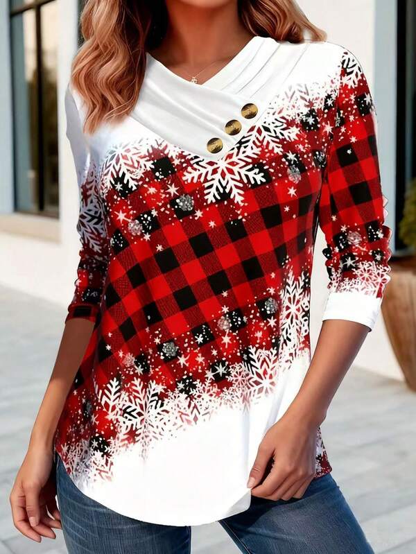 1pc Women Plus Size Christmas Snowflake Plaid Print Button Decor Crossed V-Neck Long Sleeve Top, Christmas Outfit