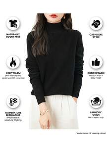 Women's 100% Merino Wool Sweater Autumn Winter Long Sleeve Women's Turtleneck Sweater Warm Soft Knitted Pullover Top - Black - View 8