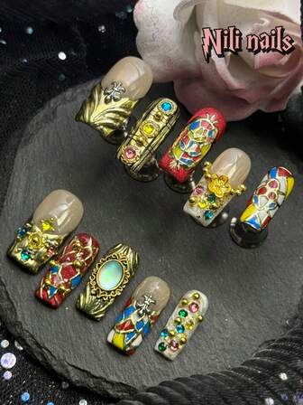 10pcs Square Handmade Press-On Nails, 3D Decorative Chrome Gel Nails Y2K Full Coverage False Nail Set, Express Your Love, Red Cat Eye And Chrome French Tip Nails, Color Block Stitching, Bohemian Princess Style Decoration Music Festival Nordic Full Coverage Patch Nail Set,