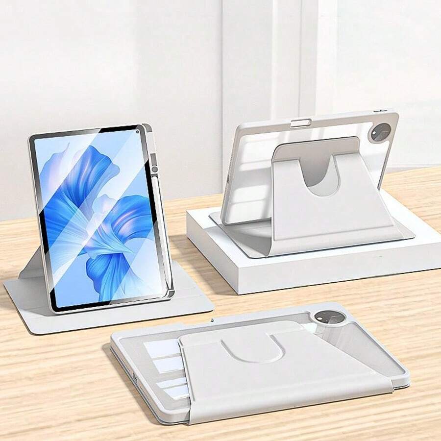 TenYide 1 件亚克力 360° 可调节旋转灰色平板电脑支架、亚克力后壳防刮防弯曲、内置笔槽、磁性自动睡眠/唤醒、极简/经典/畅销平板电脑三折保护壳 - 灰色 - 查看 1