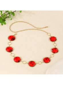1pc Elegant Women's Waist Belt With Mirror Decor, Agate Crystal Waist Chain, Ruby Metal Chain, Suitable For Dresses - Set 6 - View 18