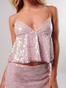 Women Sequin Spaghetti Strap Tops Sparkly V Neck Sleeveless Backless Ruffle Shirts  Summer Streetwear - 粉色 - 查看 1