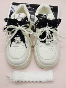 4pcs/6pcs Black & White Lace Shoelaces Decor, Y2K Style Faux Pearl Bow Flower Shoe Charms, Silver Resin Shoelace Clips DIY Accessories For Women's Sneakers, Boots, Suitable For Christmas, Halloween, Valentine's Day, Birthday, Holiday Party (Shoes Not Included) - Multicolor - View 2