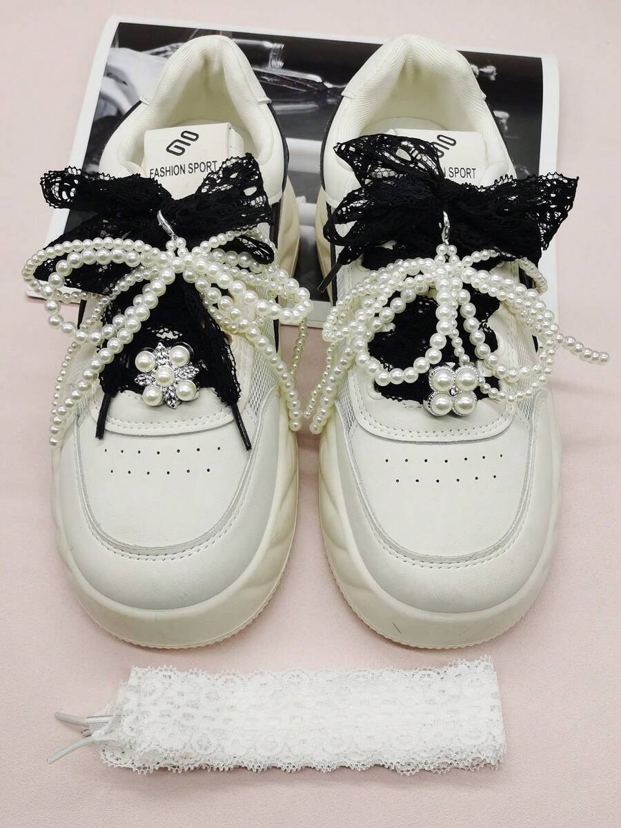 4pcs/6pcs Black & White Lace Shoelaces Decor, Y2K Style Faux Pearl Bow Flower Shoe Charms, Silver Resin Shoelace Clips DIY Accessories For Women's Sneakers, Boots, Suitable For Christmas, Halloween, Valentine's Day, Birthday, Holiday Party (Shoes Not Included)