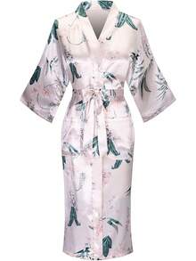 DandyChic Women's Long Floral Satin Robes Imitation Silk Sleepwear Bridal Dressing Gown For Bridesmaid Nightgownhalloween - 綠花 - 查看 10