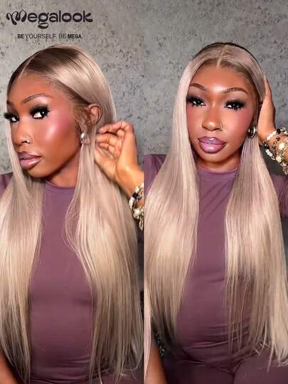 MEGALOOK باروكة شعر طبيعي 100% أمامية من الدانتيل، مستقيمة حريرية ذات لون رمادي-ذهبي أومبري، خط شعر طبيعي مسبق التشذيب، دانتيل شفاف ملون، فراغ للتهوية، راحة طوال اليوم، مناسبة لخط الشعر في لاغوس، للارتداء اليومي، تصفيف المكتب، إطلالة الحفلات، أناقة Y2K، إطلالة العطلات، الأنشطة الخارجية