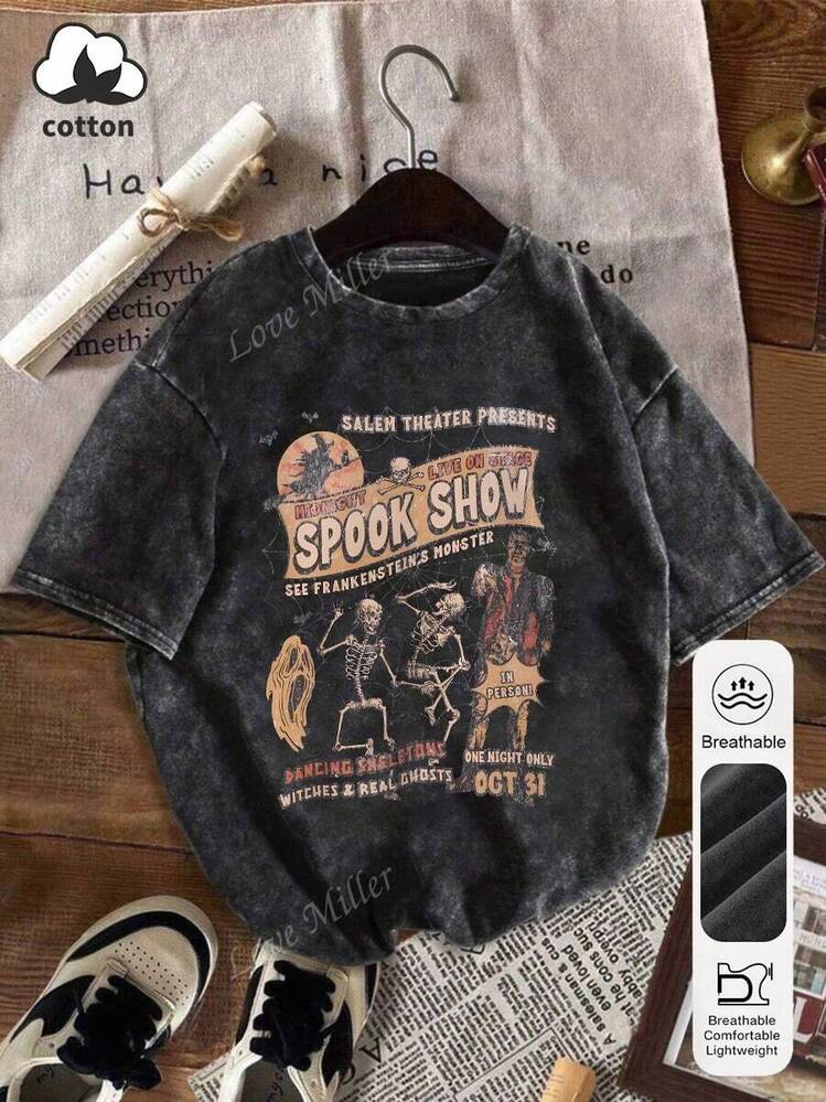 Halloween Summer Women's Skull Print Casual Simple Everyday Loose Washed Cotton Short-Sleeved Round Neck T-Shirt Tops Women's Summer Washed Cotton Cute Tops