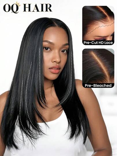 OQ Hair Wear Go Lace Closure Wig, Bleached Knots, Straight Layered, 16-24 Inches, 7x5 Pre-Cut Pre-Plucked High Definition Lace Closure Wig, 180% Density, Unprocessed Virgin Hair, Natural Color