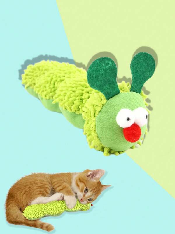 Juguete de peluche interactivo con forma de pequeña oruga verde para que los gatos se entretengan, alivien el aburrimiento y el estrés. Juguete masticable duradero para gatos para moler y limpiar los dientes. Accesorio de juego divertido para gatos de interior y cachorros