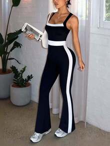 Combinaison de sport pour femmes avec couleurs contrastées, sans manches, coupe slim, micro-yoga