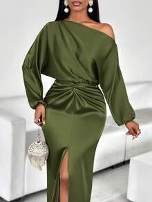 AIJ Amarilo 女士优雅纯色单肩扭结前系带高开衩修身连衣裙，适合派对穿着 - 軍綠色 - 查看 4