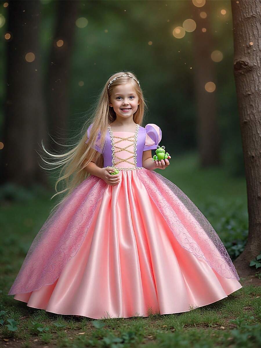 Young Girl Short Sleeve Princess Dress For School Stage Events, Suitable For Birthday, Wedding, Party, Excluding Headband