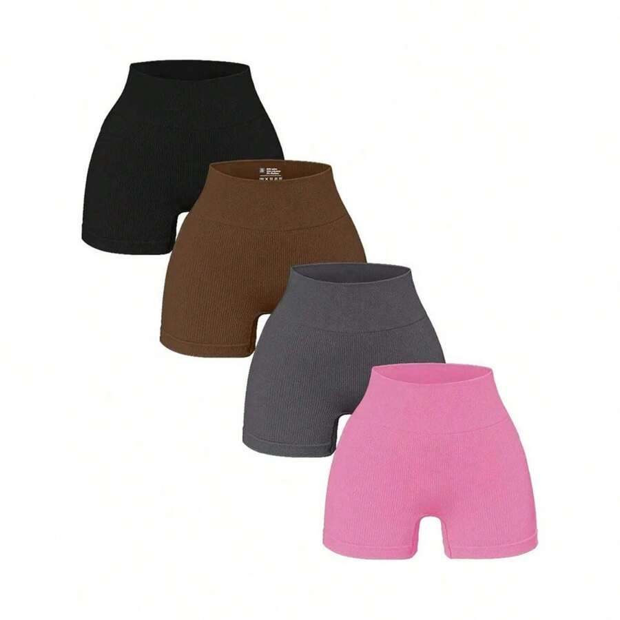 Kit 04 Units Fitness Shorts Gym RIBBED High Waist Butt Lift - Multicolor - View 1