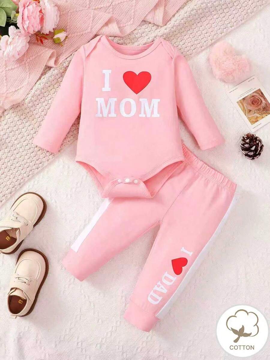 2pcs/Set Cute Baby Girl Letter Print Bodysuit And Printed Pants Set - Pink - View 1
