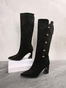New Arrival Vintage Sexy Slim Chunky Heel Back Zipper Design Knee-High Boots For Women, Pointed Toe Mid-Calf Personalized Street Rider Boots, Versatile Elegant