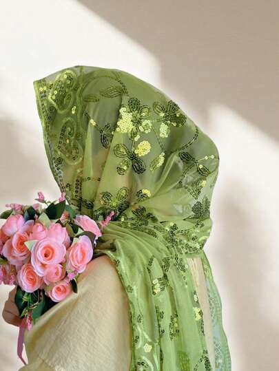 1 件女士头巾，花朵亮片头巾披肩，舒适透气头巾，阿巴亚配饰，适合日常、户外，