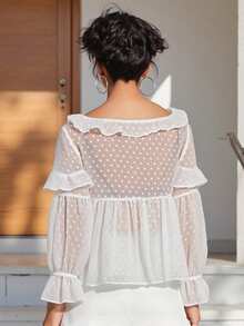 Womens Scoop Neck Ruffle Tops 3/4 Sleeve Solid Color Swiss Dots Loose Fit Sheer Shirts Spring Summer Blouses - White - View 6