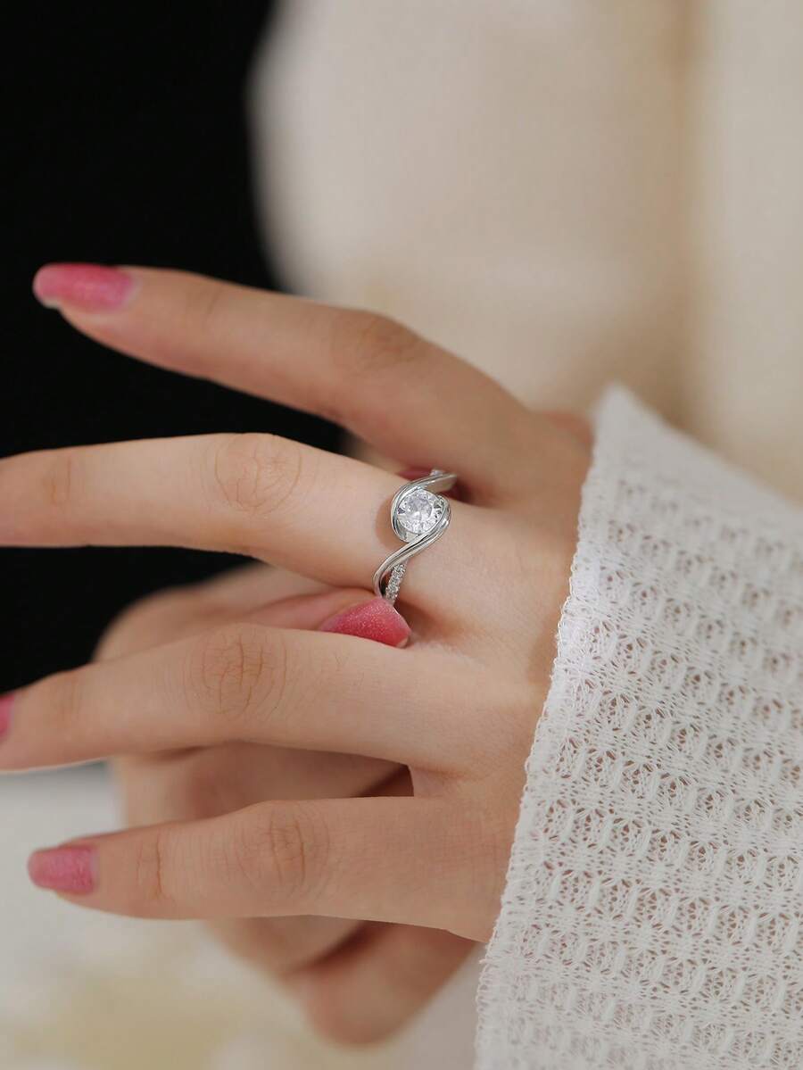 1 件时尚简约交织方晶锆石戒指，女士配饰 - 銀色 - 查看 1