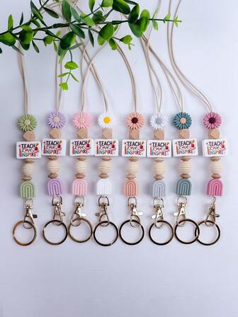 1pc Daisy & Rainbow Beaded Lanyard Keychain, ID Card Holder Necklace, Teacher's Day Gift For Friends, Family, Teachers