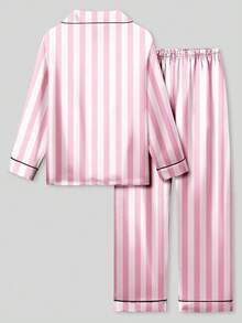2pcs Tween Girl Pink & White Striped Long Sleeve Sleepwear Set - Multicolor - View 2