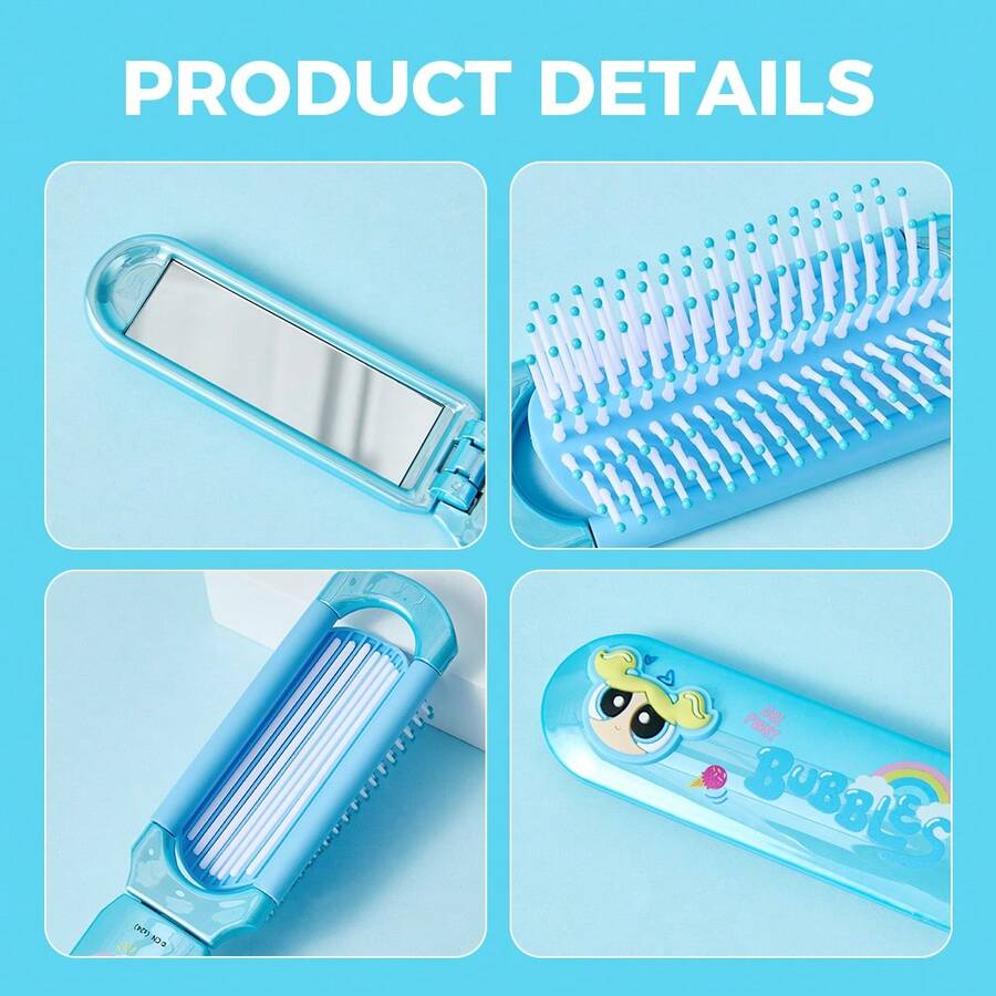 Miniso 1pc Powerpuff Girls Bubble Series Colorful Folding Mirror Comb, Compact And Portable, Made Of High-Quality Plastic, Integrated Mirror And Comb Design, Very Convenient For Daily Makeup And Hairstyling