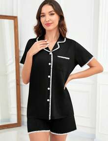 Womens Button Down Pajamas Set Short Sleeve Lounge Sets Bride Soft Sleepwear Casual 2 Piece Pjs With Pocket S-XXLhalloween - Blue Monkey - View 9