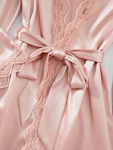 5pcs Solid Color Satin & Lace Patchwork Pajama Set, Including Long Sleeve Robe, V-Neck Camisole, Shorts, Pants And Belt, Elegant Women Sleepwear Loungewear - Dusty Pink - View 5