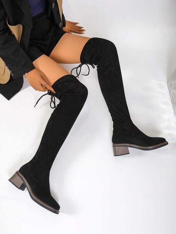 Bottes hautes élégantes à talon épais, bout carré, couleur unie, en fibre synthétique avec cordon de serrage, super doux, pour soirée. Coupe slim, élastique, pour l'automne/hiver