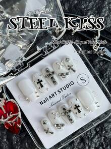 Bộ 10 miếng dán móng tay phong cách Punk thủ công, móng giả vuông cỡ trung bình, móng giả màu trắng kiểu Pháp với họa tiết chữ thập, kẹp giấy, đinh tán và màu trắng trong suốt, bộ dụng cụ làm móng nghệ thuật kim loại phong cách Cyberpunk, phù hợp cho sử dụng hàng ngày và các dịp đặc biệt, dụng cụ dán móng thủ công. - Nhiều màu - Xem 15