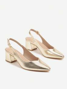 Sapatos de salto alto elegantes com bico fino e tira no calcanhar - Sapatos femininos para festa/noite de verão - Ouro - Ver 5