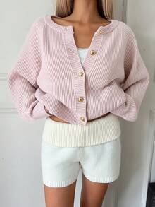 SEREN 秋冬新款粉色圆领纽扣针织开衫女宽松休闲时尚毛衣外套情人节上衣 - 藕粉色 - 查看 2