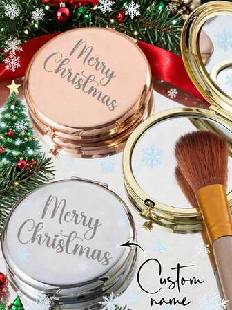 1 pieza Espejo de maquillaje portátil personalizado y grabado, un espejo de maquillaje portátil personalizado para damas (con un nombre), un regalo de Navidad y Año Nuevo. Multifuncional. Artículo decorativo. Letra. unicolor. Elegante. De moda. Retro.