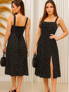 Women's Floral Dress With Slit, Summer 2025 - 黑與白 - 查看 1