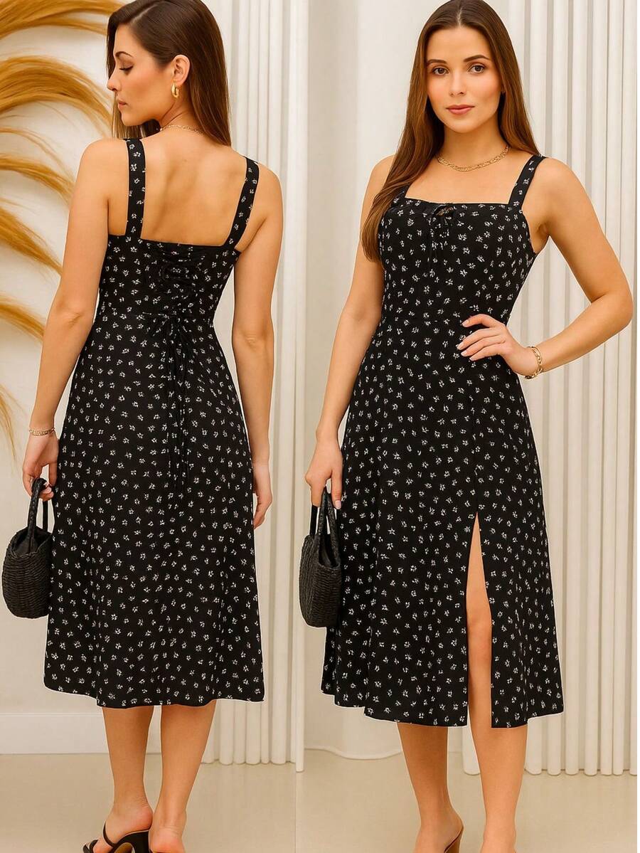 Women's Floral Dress With Slit, Summer 2025 - 黑與白 - 查看 1