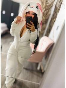 Pijama mameluco para dormir con capucha de conejo - Peluche Blanco y Rosa Suave - Blanco - Ver 1