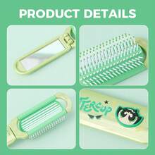 Miniso 1 pieza Espejo plegable con peine de peluche de Las Chicas Superpoderosas, compacto y portátil, hecho de plástico de alta calidad, diseño de espejo y peine en uno, muy conveniente para el maquillaje y el peinado diario - Verde - Ver 2