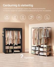 Fabric Wardrobe 45 x 127 x 176 cm 2 Hanging Compartments with Shelves 4 Side Pockets Large Space for Bedroom Living Room Black - Schwarz - Übersicht 3