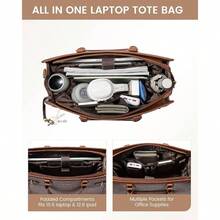 Laptop Bag Women 15.6 Inch Work Tote, Business Computer Briefcase, Waterproof PU Leather Tote Bag Teacher, Office Shoulder Tote Purse - 15,6 inch + Nâu (Da cổ điển) - Xem 3