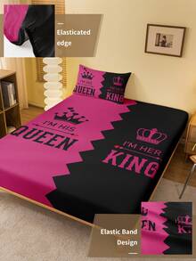 1pc Pink & Black Fitted Sheet, Fits 9-12 Inch Mattress Depth, Soft, Wrinkle-Free, Breathable & Comfortable, Suitable For All Bed Sizes Including Twin, Full, Queen, King, Machine Washable, Ideal For Home & Dorm, Bedroom Decor, Bedding, Fluffy Bedding, Women's Gift, Queen & King Bed - Multicolor - View 6