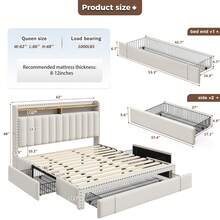 EnHomee Bed Frame With 3 Drawers & 2-Tier Storage Headboard,Upholstered Platform Bed Frame Heavy Duty Wood Slats Support, No-Noise, Cama Queen, Easy Assembly - Beige - View 10